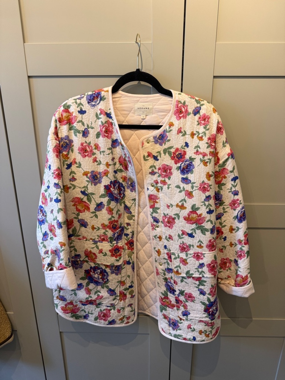 Sezane Floral Quilted Jacket in Cream with Pink, Purple and Green Flowers